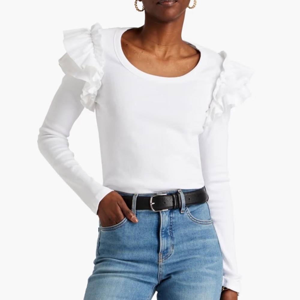 Veronica Beard Avendon ruffled ribbed stretch-cotton top | size L | like new